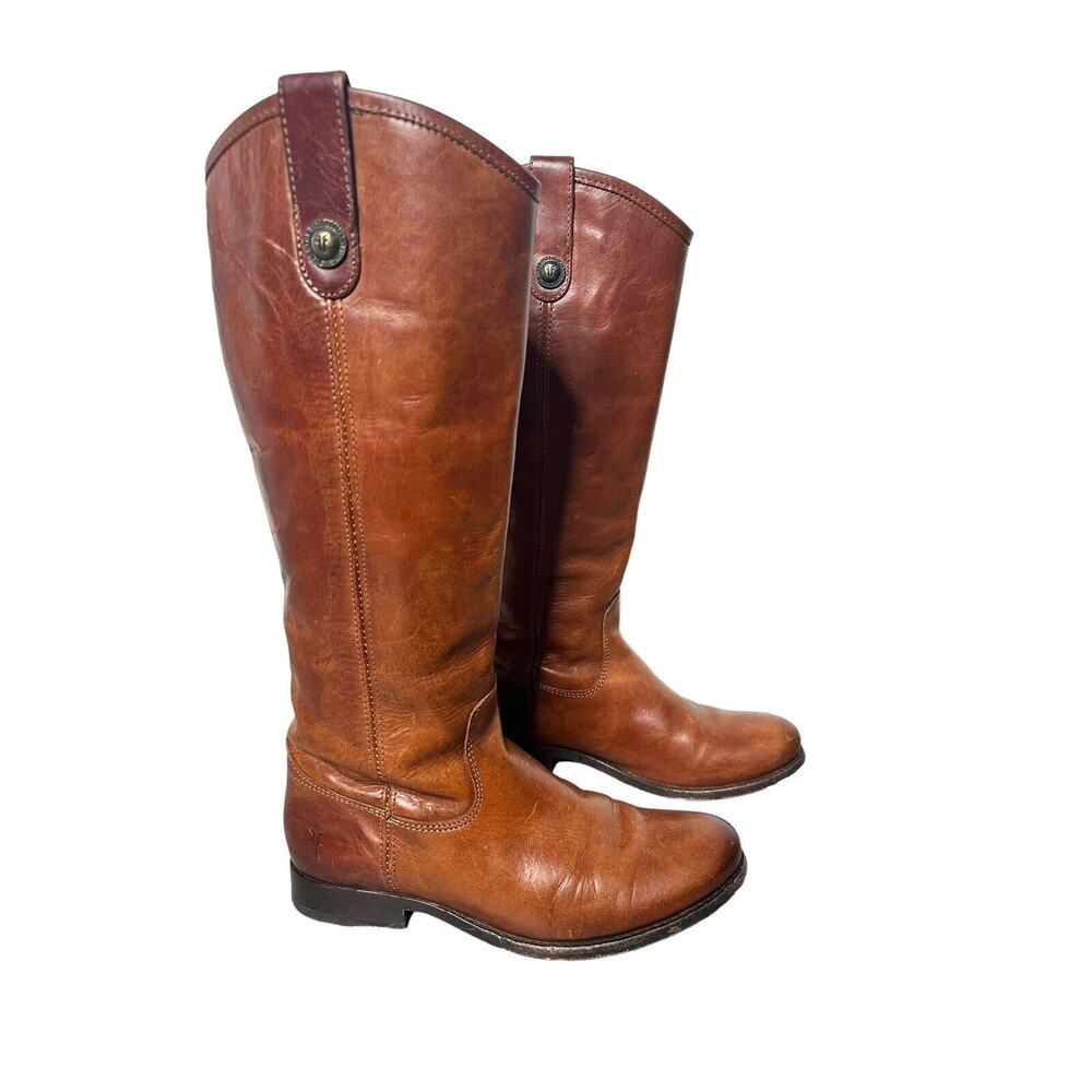 $298 Frye Melissa Button Cognac Riding Boot Brown Women Size 6.5 Tall Leather